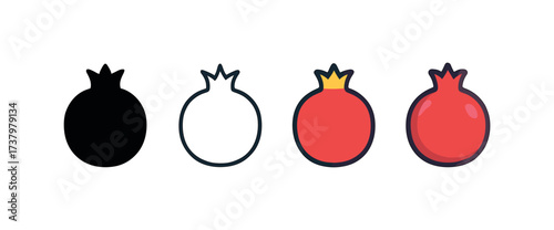Vector icon pomegranate four styles black solid glyph outline minimal flat multicolor filled cartoon flat shaded.