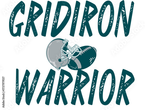 Gridiron Warrior design with football and helmet in for fan gear, branding and merchandise silver and midnight green accents. Bold artwork celebrating strength, pride and competitive legacy