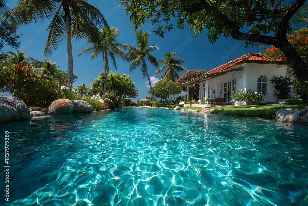 Fototapeta premium Luxurious tropical villa has a pristine blue swimming pool in the foreground. It's surrounded by a lush green lawn and swaying palm trees in the sun.
