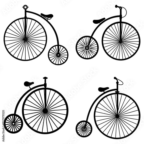 Illustration of four penny farthing bicycles with different handlebar and seat designs in black and white