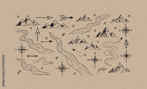 Hand drawn vintage map elements featuring mountains rivers and compass rose