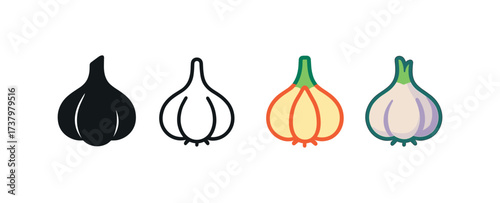 Vector icon garlic bulb four styles black solid glyph outline minimal flat multicolor filled cartoon flat shaded.