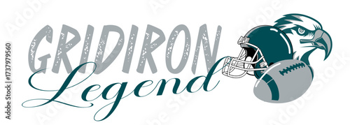 Gridiron Legend football design with helmet, eagle and ball in silver and midnight Green. Bold artwork for sports apparel, team branding, fan merchandise and promotion