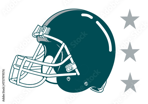 midnight green football helmet with silver accents, featuring three stars on the right side. A dynamic and energetic design for sports-themed digital art and team spirit visuals.