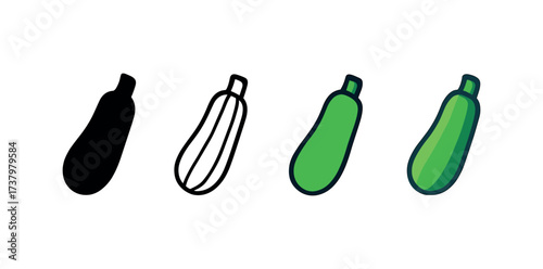Vector icon zucchini four styles black solid glyph outline minimal flat multicolor filled cartoon flat shaded.