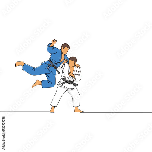 Two judo athletes practicing throws in a minimalist line art style