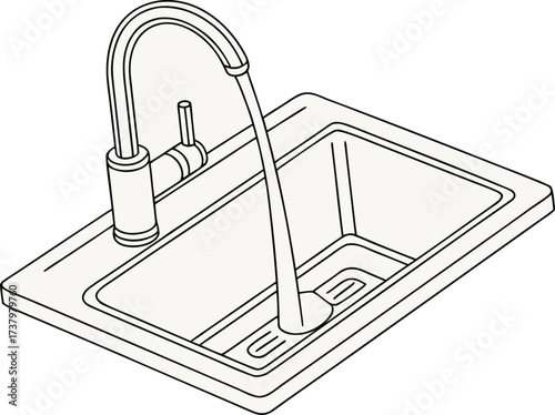 Modern kitchen sink with faucet and flowing water