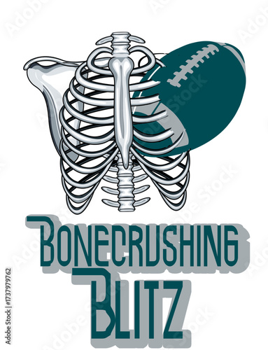 Skeleton chest pierced by a football, ribs broken around the ball, with text ‘Bone Crushing Bliz’ in silver and midnight green 
