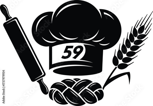 Baking emblem with chef hat rolling pin wheat and bread