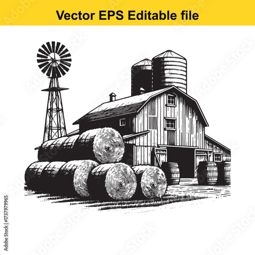 Vector art of farm scene with barn, windmill, and hay bales