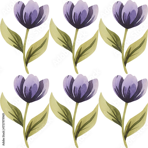 Elegant watercolor floral pattern featuring lavender tulips and green leaves with artistic texture