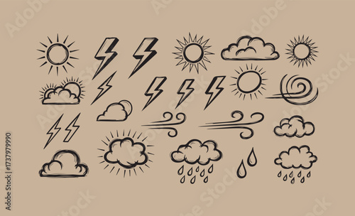 Hand drawn weather icons featuring sun clouds lightning wind and rain