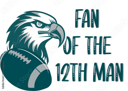 Fan of the 12th man football design with eagle and ball in  silver and midnight Green. Bold artwork for sports apparel, team branding, fan merchandise and promotion