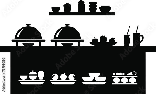 Buffet table silhouette with food and serving dishes