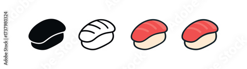 Vector icon nigiri sushi four styles black solid glyph outline minimal flat multicolor filled cartoon flat shaded.