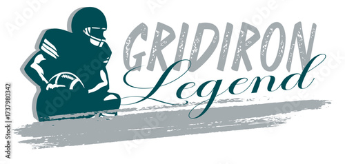 Gridiron Legend football design with silhouette player, in  silver and midnight Green. Bold artwork for sports apparel, team branding, fan merchandise and promotion