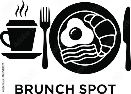 Simple black and white icon of a delicious breakfast meal and coffee