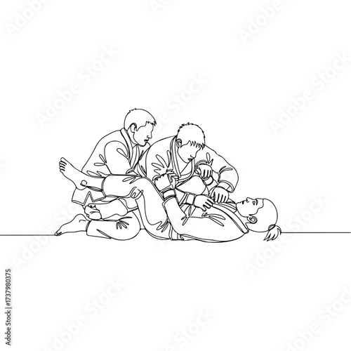 Martial artists practicing Jiu-Jitsu techniques in continuous line art