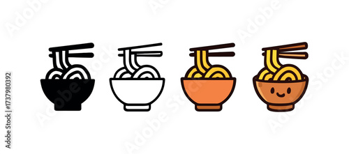 Vector icon udon noodles four styles black solid glyph outline minimal flat multicolor filled cartoon flat shaded.