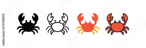 Vector icon crab four styles black solid glyph outline minimal flat multicolor filled cartoon flat shaded.
