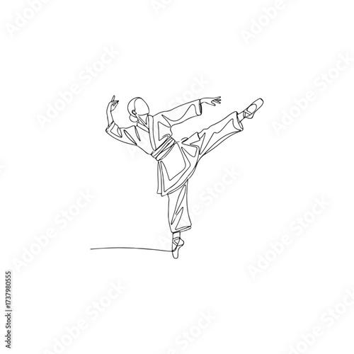 Martial artist performing a high kick in a minimalist line drawing