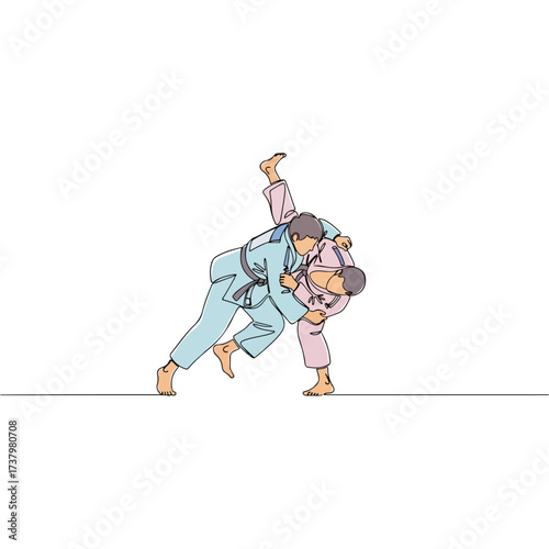 Judo athletes in action, executing a throw on white background