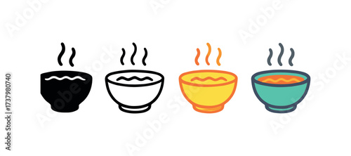 Vector icon soup bowl four styles black solid glyph outline minimal flat multicolor filled cartoon flat shaded.