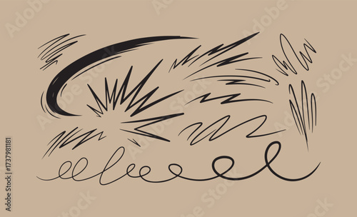 Abstract hand drawn ink brush strokes and scribbles on a beige background