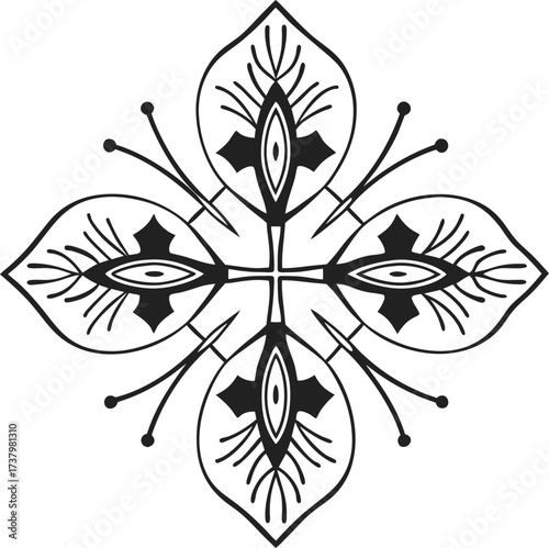 botanical geometric mandala with symmetrical leaf pattern and vintage black outlines nature inspired decorative floral motif