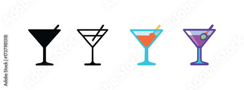 Vector icon martini glass four styles black solid glyph outline minimal flat multicolor filled cartoon flat shaded.