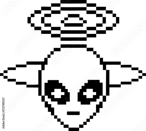 Pixel art alien head with antenna and large eyes, minimalist extraterrestrial face, retro digital sci fi illustration