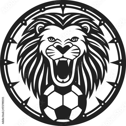 Bold roaring lion head with detailed mane and open mouth inside circular frame, soccer ball beneath, strong athletic mascot design
