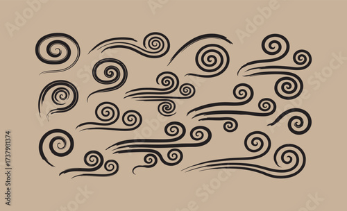 Collection of hand drawn swirling wind and smoke elements