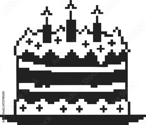 Pixel art birthday cake with candles, minimalist black and white dessert illustration, celebratory festive icon