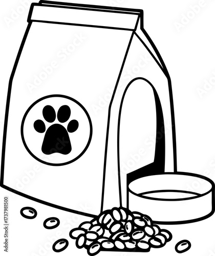 Pet food bag with spilled kibble and bowl simple black and white illustration for animal nutrition and feeding concepts
