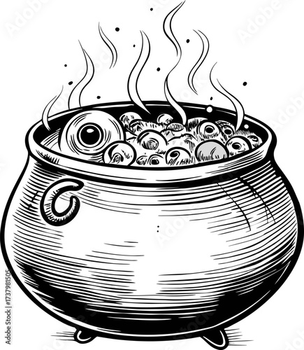 Steaming cauldron filled with eyeballs, eerie spooky halloween illustration boiling pot, horror macabre cooking concept