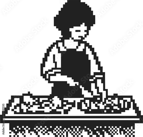 Woman preparing vegetables in pixel art retro digital cooking illustration, person chopping food at kitchen counter