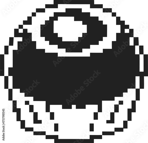 Pixelated round candy or chocolate truffle in simple black and white minimalist retro 8 bit digital art