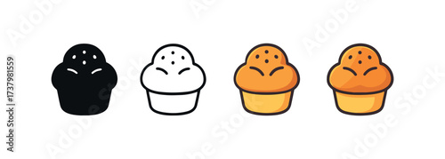 Vector icon brioche bun four styles black solid glyph outline minimal flat multicolor filled cartoon flat shaded.