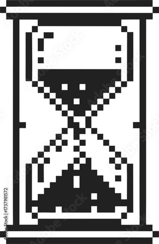 Pixelated hourglass icon, digital timer symbol, retro 8 bit sand clock, countdown interface, vintage time measurement