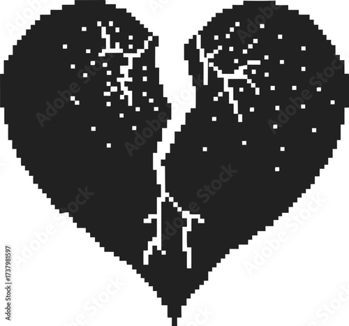 Pixelated broken heart black cracked silhouette with white fissures and scattered dots symbolizing heartbreak and sadness