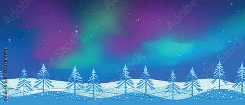 Forest in the background of aurora borealis, winter illustration, northern nature, panoramic view