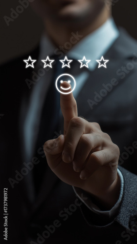 Businessman Touching Five Star Rating with Smile Face Emoji, Representing Customer Satisfaction, Positive Feedback, Service Quality and User Experience in Digital Business Platforms, Vertical