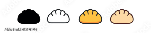 Vector icon gyoza dumplings four styles black solid glyph outline minimal flat multicolor filled cartoon flat shaded.