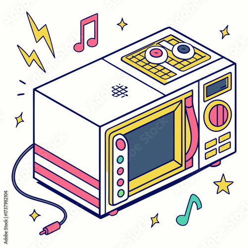 Bright cartoon microwave oven with music notes and lightning