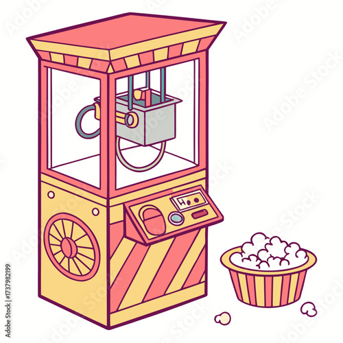 Bright popcorn machine with striped base and popcorn bowl