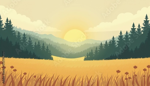 A stunning sunset casts a warm glow over a golden field. Silhouetted trees and distant mountains create a peaceful landscape. Soft clouds float in the sky as evening approaches