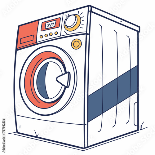 Cartoon washing machine with digital display and orange accents