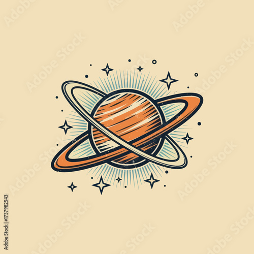 Stylized illustration of a ringed planet, possibly Saturn, with a radiating glow and stars in a vintage or retro design.