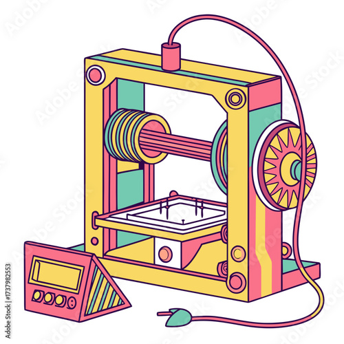 Colorful 3d printer machine with control panel and plug